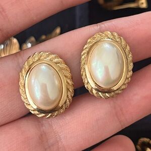 Vintage Christian Dior Oval Pearl Braided Brushed Gold Edge Clip-On Earrings